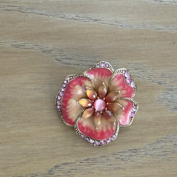 Vintage LC Liz Claiborne Brooch Pin Flower Orange Pink Enamel Rhinestones Signed - Picture 9 of 9